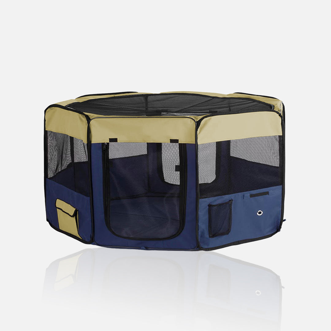 Corral para perro crema y azul