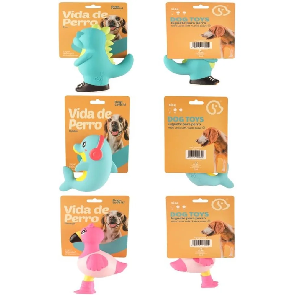 Juguetes de látex: dinosaurio, delfín y flamenco